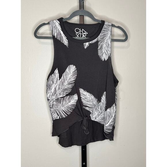 Chaser Palm Leave Jersey Tie Front Muscle Tank Top Black/White Women's M NWOT - Picture 3 of 5